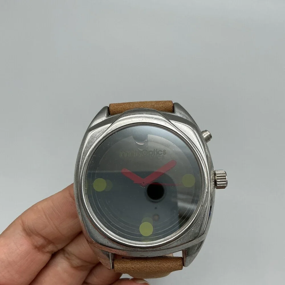 Can You Imagine Infinity Optics Mens Watch 44mm Silver Tone Leather New Battery